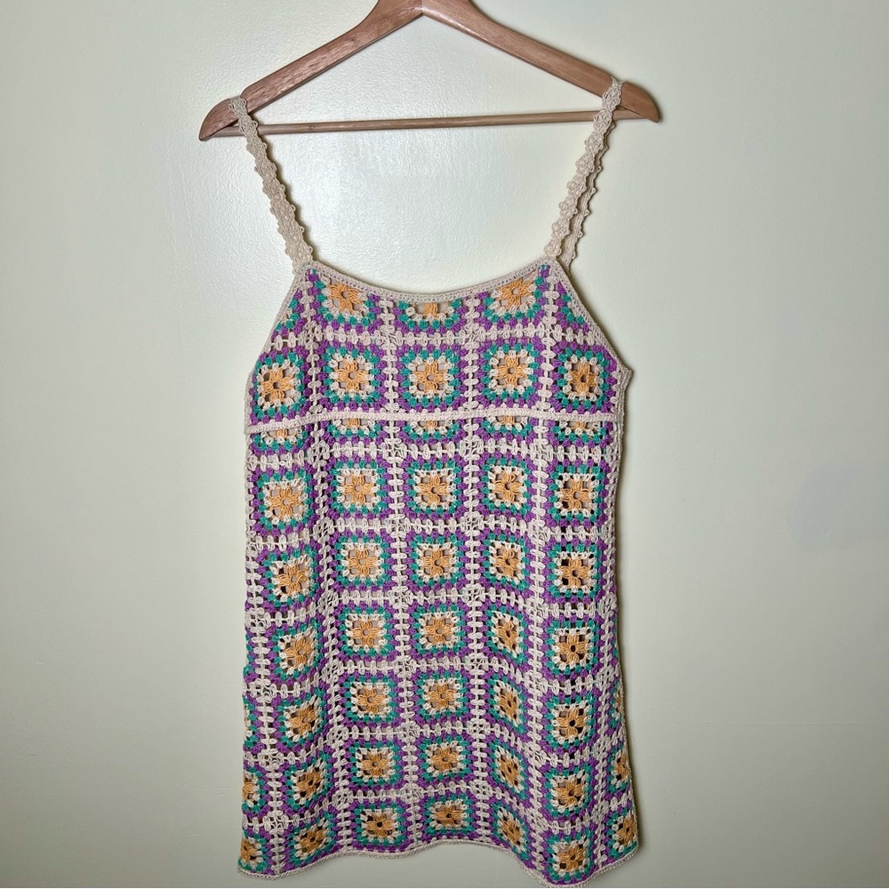 Zara Crochet Multi Color Patchwork Mini Dress Sleeveless Lined Beach Medium Boho